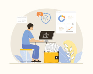 Virtual finance. Online banking and accounting. Online paying, financial transactions, accounting research. Flat vector illustration.