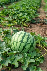 A picture of a fresh watermelon growing on a plantation