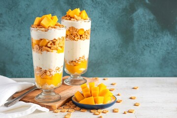 Mango and cereal yogurt parfait in tall glasses