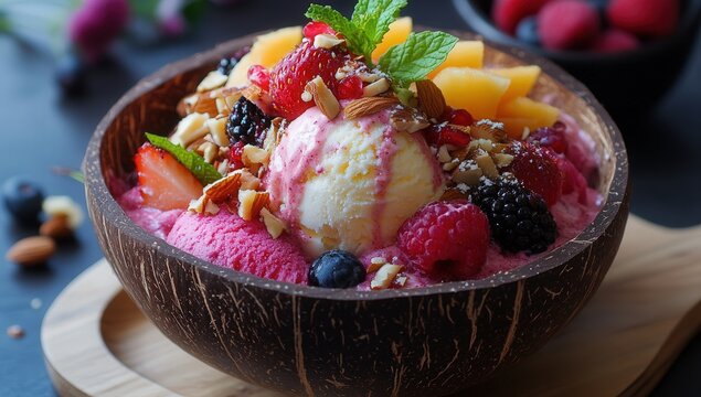 A colorful fruit bowl with creamy yogurt, topped with fresh berries, nuts, and mint, in a coconut shell on a wooden platter.