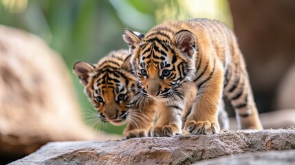 Tiger Young tiger cub playfully pouncing on its sibling in the wild.