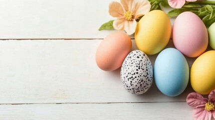 Obraz premium Pastel Easter Eggs Spring Blossoms on White Wood