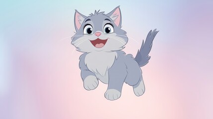Fototapeta premium Playful Cartoon Kitten Leaping Joyful Pastel Background Cute Pet Illustration
