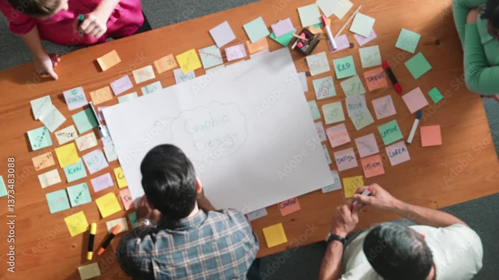 Poster top down view of manager writing and sharing idea by using mind map. aerial view of smart business t