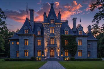 Majestic Gray Stone Castle Under a Twilight Sky Banner