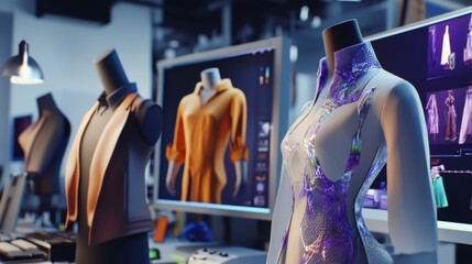 Digital artist creating virtual fashion designs using 3D modeling software, modern design studio with digital fashion prototypes and virtual models, Artistic style