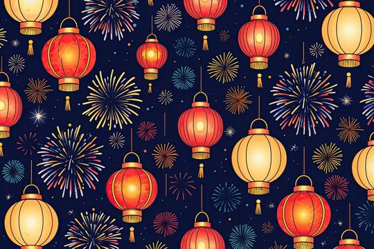 Hand-Sketched Festival Pattern Featuring Lanterns and Fireworks for Joyous Nights and Event Invitations