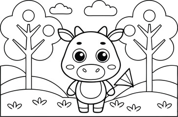 Cute Cartoon Cow Holding Kite in Outlined Landscape with Transparent Background