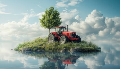 Fototapeta premium Red tractor on a small grassy island surrounded by reflective water, under a bright blue sky with fluffy clouds.