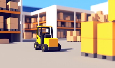 A vibrant yellow forklift navigating through a modern warehouse filled with stacked cardboard boxes, symbolizing efficient logistics.