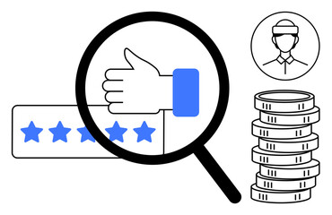 Thumbs-up magnified near five-star review alongside coins and service representative. Ideal for quality service, customer feedback, satisfaction, evaluation, rewards, business growth, support