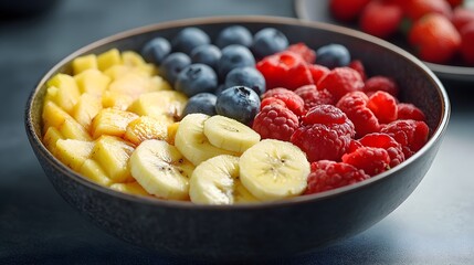 A vibrant and healthy fruit salad in a dark bowl features sliced mangoes, bananas, blueberries and raspberries.