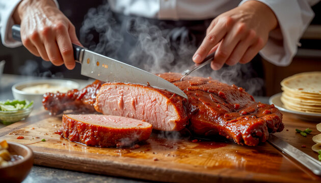 A chef expertly carves a succulent, glazed ham, the steam rising from the freshly cut slices.  Tortillas and garnishes are nearby, hinting at a delicious meal.