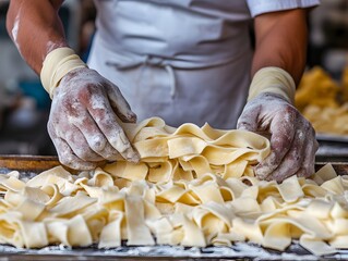 A skilled pasta maker carefully arranges freshly made pappare pasta on a tray dusted with flour in a professional kitchen setting.