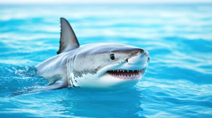 Fototapeta premium Shark Great white shark swimming near the surface with its dorsal fin cutting through the water.