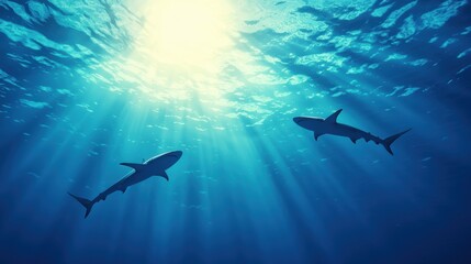 Shark School of sharks swimming together in deep blue waters.