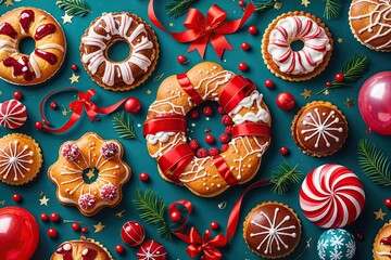 Naklejka premium Festive Hand-Drawn Background with Pastries Ribbons and Balloons for Holiday Celebrations and Events