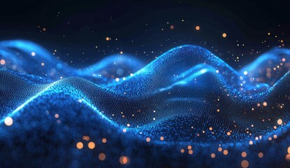 Abstract digital wave composed of glowing blue particles with golden lights in a dynamic, futuristic environment.