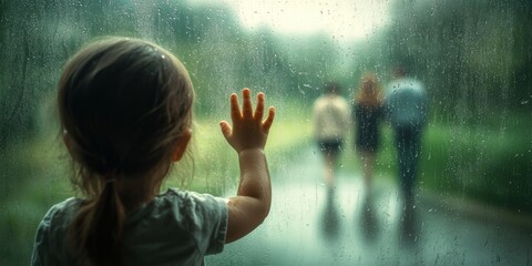 Little girl watching parents leaving in the rain through wet window