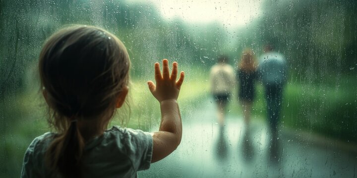 Little girl watching parents leaving in the rain through wet window