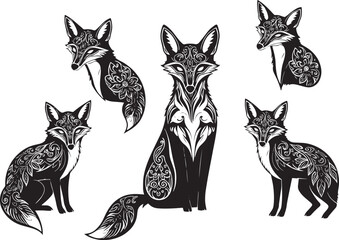 A set of foxes. Hand drawn vector illustration	