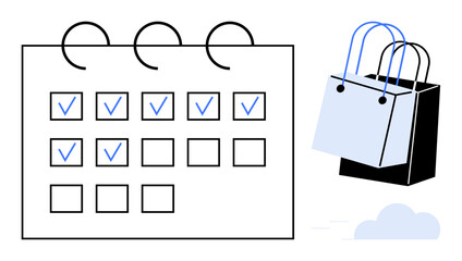 Calendar with checkmarks symbolizing planned dates, next to two shopping bags. Ideal for business planning, time management, shopping schedules, event planning, productivity, organization, retail