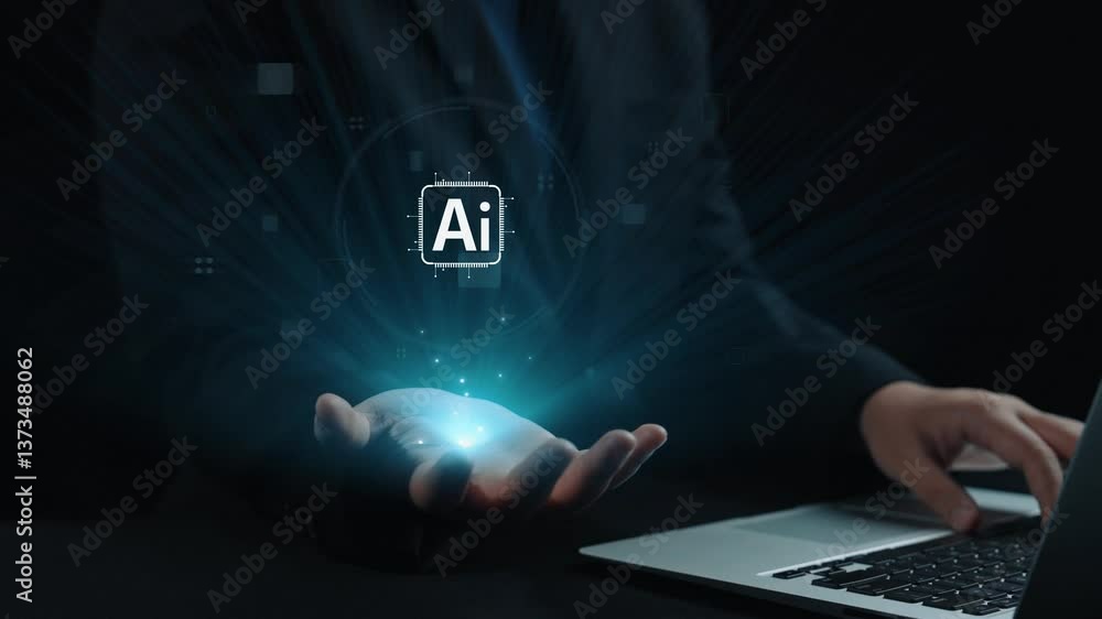 Poster human interact with ai artificial intelligence brain processor in concept of ai artificial intellige