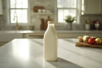 Fresh Milk Bottle on Kitchen Counter with Natural Sunlight and Shadows