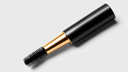 Sleek black and gold mascara tube with smooth texture, modern beauty packaging, white background
