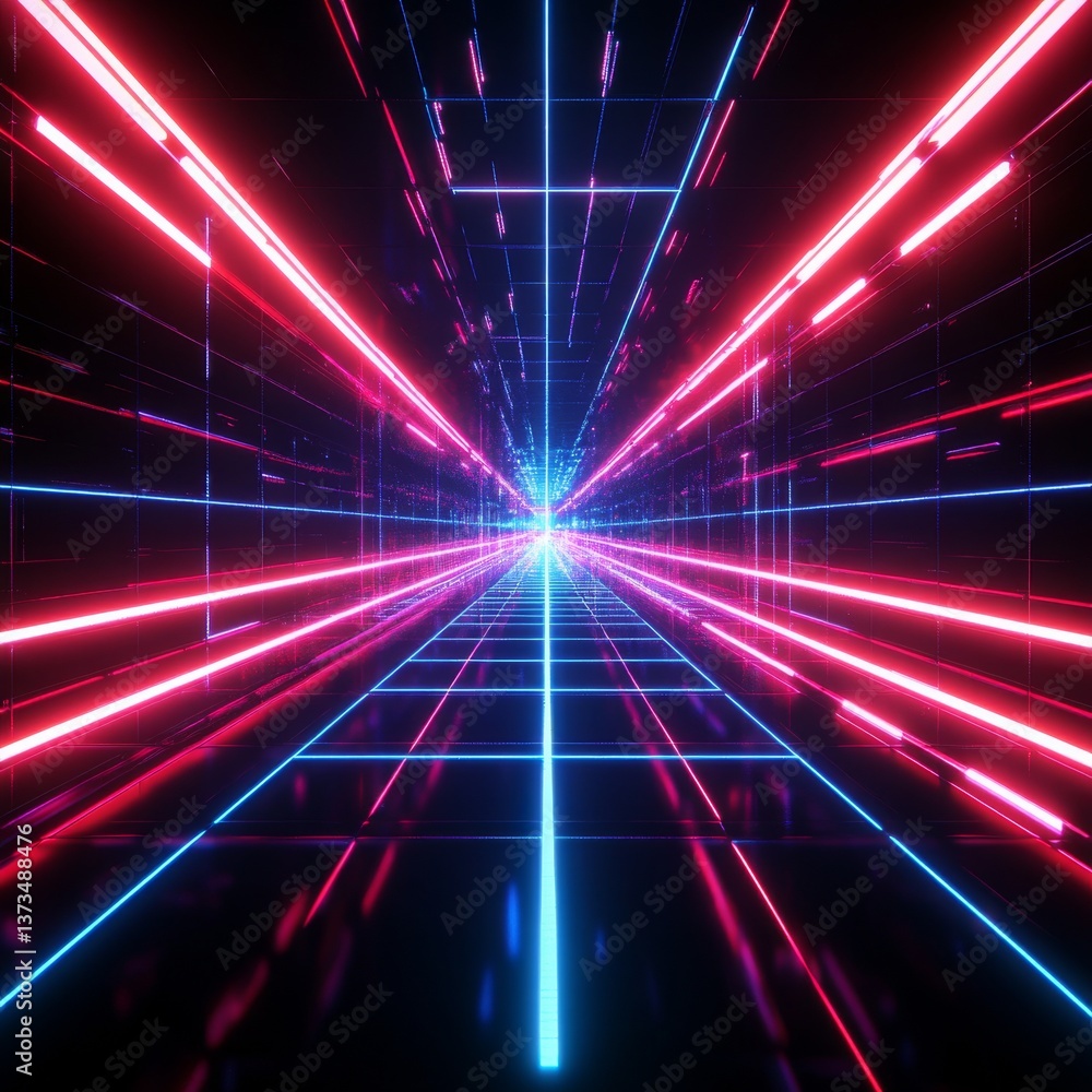 Poster abstract neon grid tunnel: infinite perspective of glowing red and blue lines