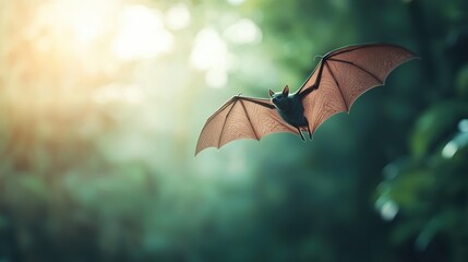 Vampire Bat mid flight with wings spread wide in a dense forest at dusk.