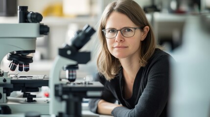 Obraz premium Nano engineer developing self healing materials for construction, high-tech laboratory with microscopes and nano-material samples, Industrial style