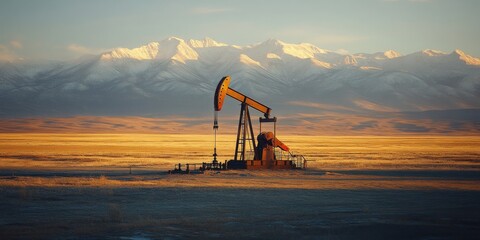 Pump extracting crude oil in the canadian prairies at sunset