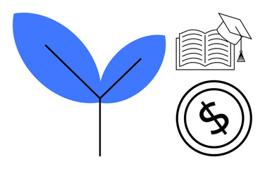 Blue leaf branch next to an open book with graduation cap and dollar coin circle. Ideal for education, growth, sustainability, learning investment, financial literacy, eco-friendly economy, success