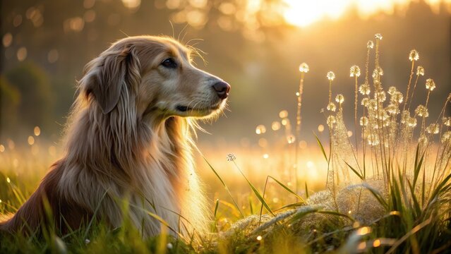 Golden canine companion basking in the warm glow of morning sunlight amidst a field of dew-kissed wildflowers - Powered by Adobe