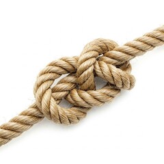closeup of a knotted brown rope on a white background