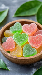 Exquisite heart-shaped jelly candies in various colors, arranged in an elegant wooden bowl. The background is softly blurred with greenery and natural lighting