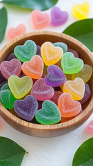 Exquisite heart-shaped jelly candies in various colors, arranged in an elegant wooden bowl. The background is softly blurred with greenery and natural lighting