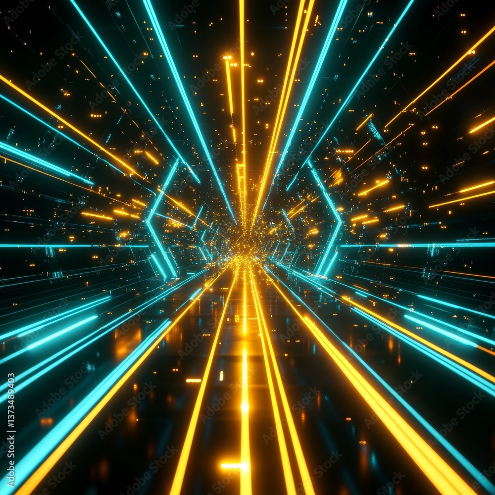 Poster cyberpunk corridor: a futuristic perspective of glowing lines in a dark space, with a technological 