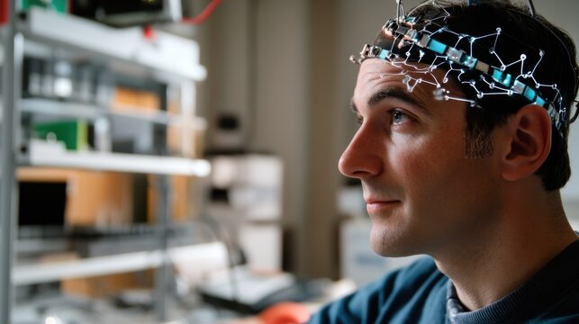 Neuroscientist developing brain computer interface systems for communication, research lab with neural mapping tools and brain-computer interfaces, Medical Tech style