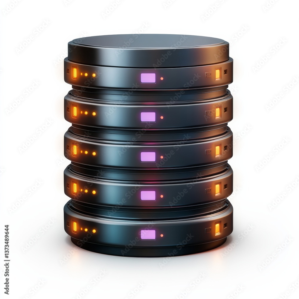 Aufkleber Data Server Stack: A futuristic rendering of a server rack with illuminated LEDs on a clean white background.