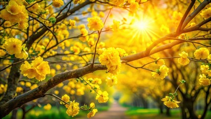 Golden Blossoms Bask in Sunlight's Embrace A Serene Springtime Scene of Nature's Beauty