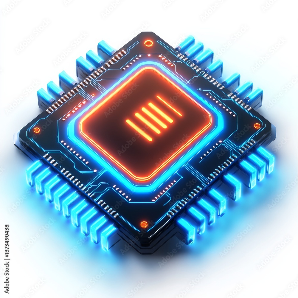Aufkleber futuristic microchip: a close-up of advanced circuitry with glowing blue and orange lights on a whit