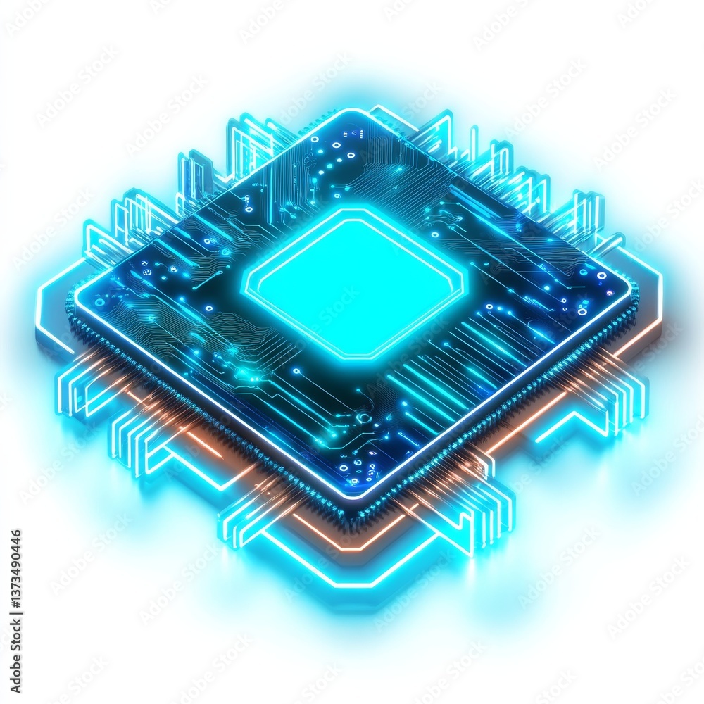 Fototapete Futuristic Glowing CPU: High-Tech Circuit Board Design with Neon Blue Lights on a White Backdrop for Artificial Intelligence 