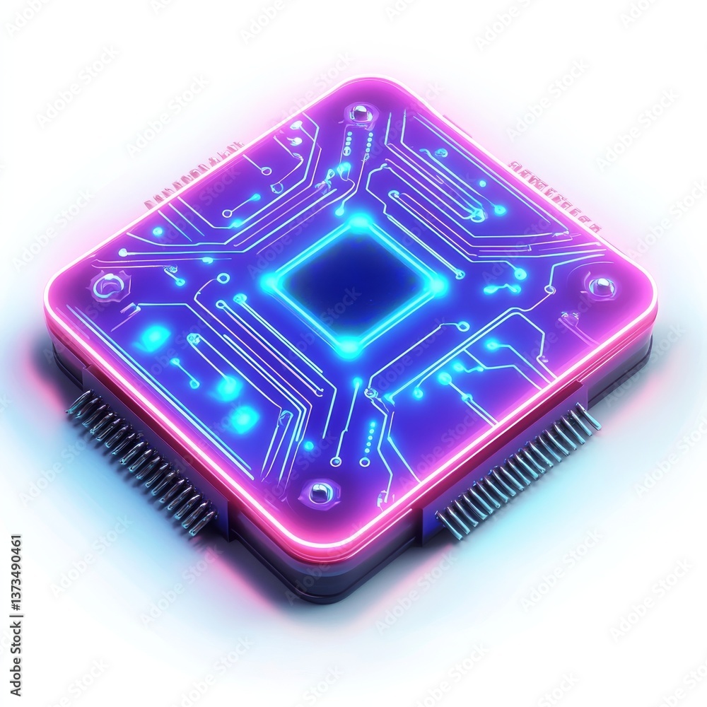 Poster futuristic neon circuit board with glowing pathways, pins, and a central diamond shape in a clean is