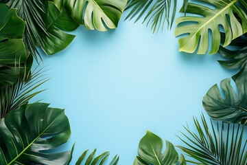 Creative summer concept made of various fresh tropical leaves on light blue background with copy space
