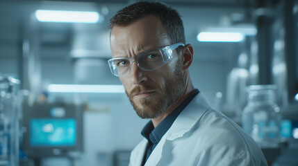 Obraz premium focused scientist in lab coat wearing safety goggles, standing in modern laboratory with equipment in background
