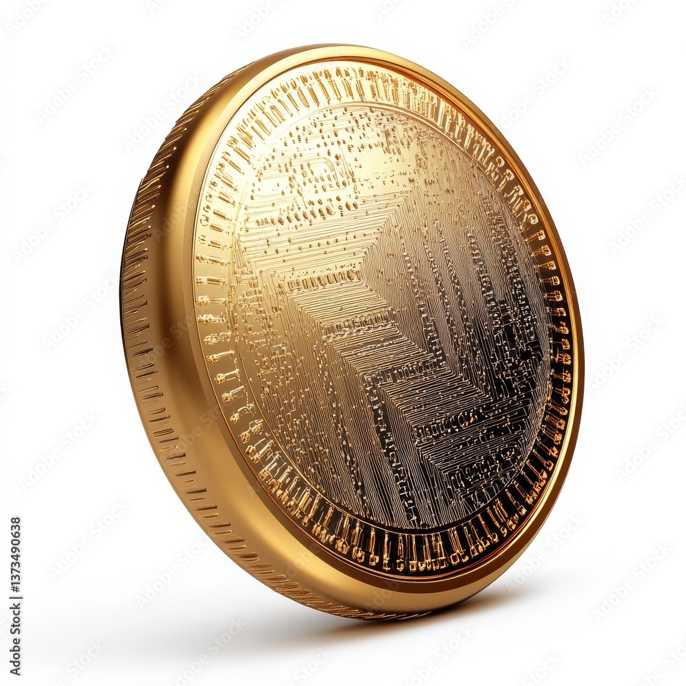 Poster Gold Coin with Intricate Circuit Board Pattern, Representing Technology and Finance, Isolated on White