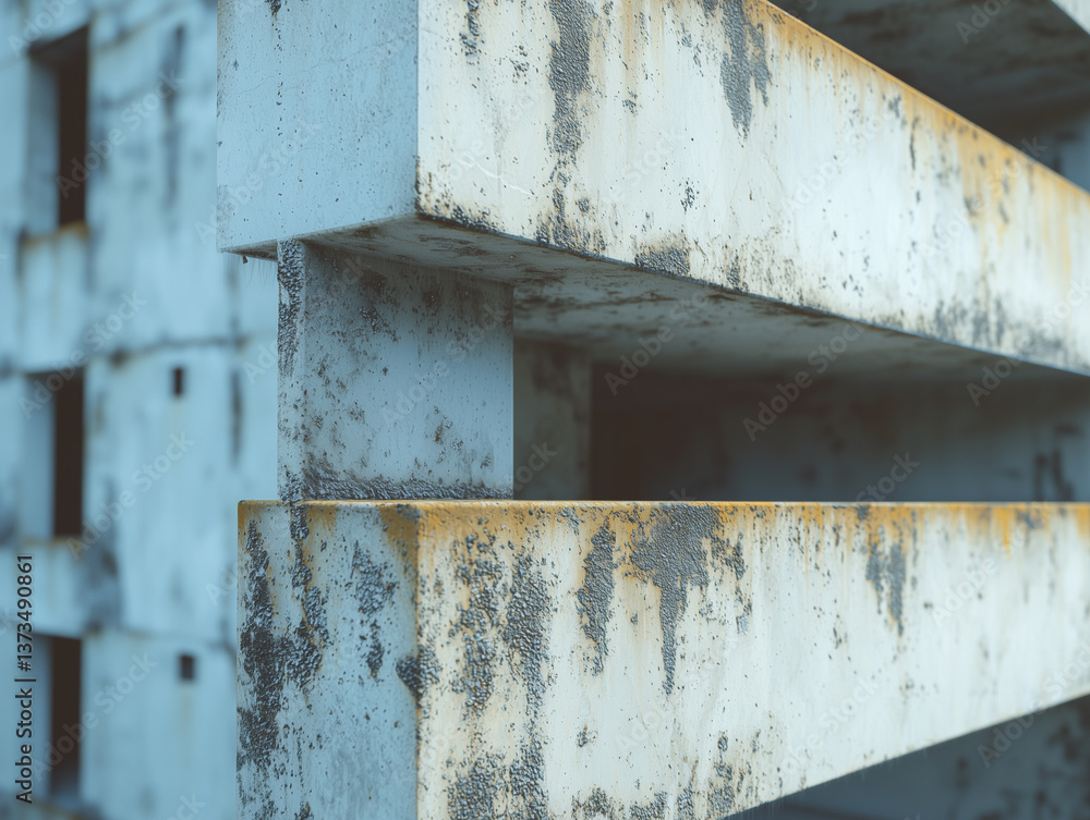 Poster Close up of weathered concrete beams with rust stains, showcasing industrial architecture and texture in modern design