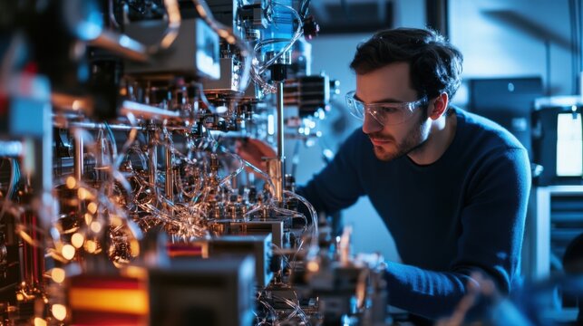 Quantum computing developer creating algorithms for faster computation, lab with quantum processors and computational models, Quantum Tech style